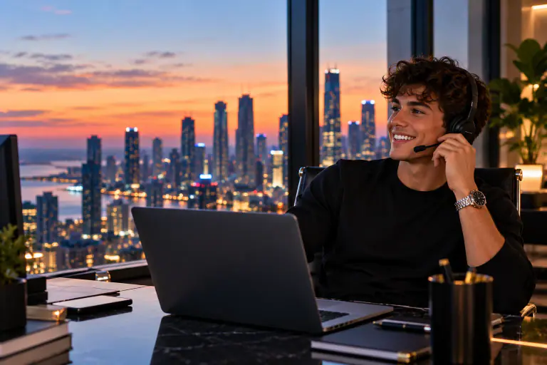 Agent on a headset calling a lead from his desk at sunset