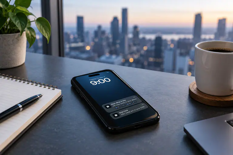 Phone showing a 9 AM lead drop alert on a desk